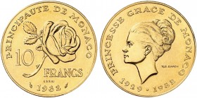 MONACO. Rainier III. 1949-2005. Probe 100 Francs 1982. Geprägt in Gold. Auf den Tod der Fürstin Gracia Patricia. Mit glattem Rand. 19.36 g. Gadoury 15...