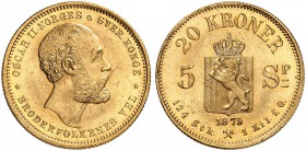 NORWEGEN. Oskar II. 1872-1905. 20 Kroner 1875, Kongsberg. 8.95 g. Schl. 2. Fr. 15. FDC / Uncirculated. (~€ 525/USD 605)
