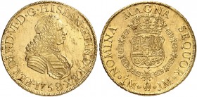 PERU. Fernando VI. 1746-1760. 8 Escudos 1758, JM-Lima. 26.98 g. Cayon 10916. Fr. 20. Kleiner Randfehler und einige Kratzer / Small edge nick and some ...