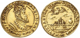 RDR / ÖSTERREICH. Maximilian II. 1564-1576. Goldmedaille zu 3 Dukaten 1576. Auf seinen Tod in Regensburg. Gekröntes und geharnischtes Brustbild nach r...