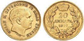 SERBIEN. Michael Obrenovitch IV. (I.), 1868-1889. 20 Dinara 1879 A, Paris. 6.41 g. Schl. 1. Fr. 3. Gutes sehr schön / Good very fine. (~€ 195/USD 220)...