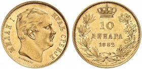 SERBIEN. Michael Obrenovitch IV. (I.), 1868-1889. 10 Dinara 1882, Wien. 3.22 g. Schl. 3. Fr. 5. Gutes vorzüglich / Good extremely fine. (~€ 175/USD 20...