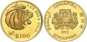 SINGAPUR. Republik seit 1965. 100 Dollars 1991. 50 Dollars 1991. 1 und 1/2 Unze Feingold. Feingewicht total: 46.68 g. KM 91, 90. Fr. B10, B11. FDC / U...