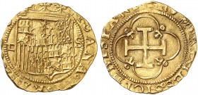 SPANIEN. Königreich. Juana y Carlos, 1504-1516-1555. 1 Escudo o. J., Sevilla. Assayer D. 3.33 g. Cayon 3149. Fr. 153. Scharf ausgeprägt auf knappem Sc...