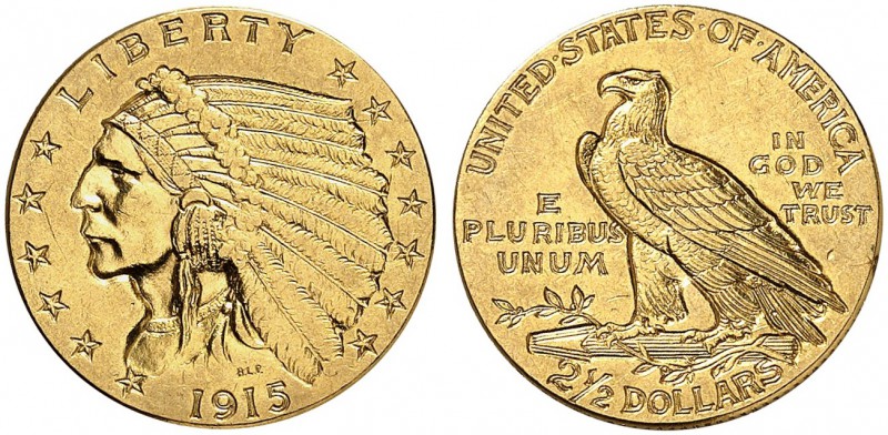 USA. 2 1/2 Dollars 1915, Philadelphia. Indian head type. 4.17 g. Fr. 120. Vorzüg...