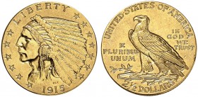 USA. 2 1/2 Dollars 1915, Philadelphia. Indian head type. 4.17 g. Fr. 120. Vorzüglich / Extremely fine. (~€ 160/USD 180)