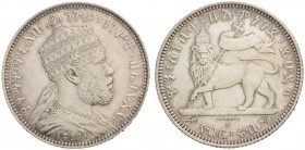 ÄTHIOPIEN. Menelik II. 1889-1913. 1/4 Birr EE1887 (1894) A, Paris. 7.00 g. KM 3. Vorzüglich-FDC / Extremely fine-uncirculated. (~€ 90/USD 100)