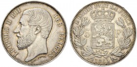 BELGIEN. Königreich. Leopold II. 1865-1909. 5 Francs 1865, Brüssel. ESSAI / PROBE. Stempel von Leopold Wiener. Glatter Rand. 24.94 g. Morin 959. Äusse...