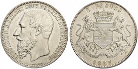 BELGIEN. Belgisch Kongo. 5 Francs 1887. 24.94 g. KM 8.1. Dav. 10. Selten in dieser Erhaltung / Rare in this condition. Fast FDC / About uncirculated. ...