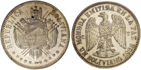 BOLIVIEN. Republik. Boliviano 1868, CT-La Paz. Probe in Silber. 59.00 g. KM Pn 25. Selten / Rare. PCGS SP58. (~€ 875/USD 1010)