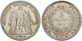 FRANKREICH. Medaillen aus der Zeit der französischen Revolution. Gouvernement, 1870-1871. 5 Francs 1871 K, Bordeaux. 24.86 g. Gadoury 745. Dav. 92. Se...