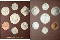 INDIEN. Republik Indien. Münzsatz 1950. Proof-Set der Bombay Mint: 1 Pice, 1/2 Anna, 1 Anna, 2 Annas, 1/4 Rupee, 1/2 Rupee, 1 Rupee KM PS51. In Origin...