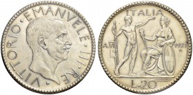 ITALIEN. Königreich. Vittorio Emanuele III. 1900-1946. 20 Lire 1927 AN VI, Roma. Pagani 672. Montenegro 65. Fast FDC / About uncirculated. (~€ 130/USD...