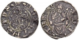 ITALIEN. Aquila. Renato d'Angiò, 1435-1442. Cella o quartarola o. J. Gekrönter Adler, Kopf nach links. .*REX*RENATVS* Rv. Thronender Hl. Mabrosius von...