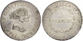 ITALIEN. Lucca. Elisa Bonaparte und Felix Baciocchi, 1805-1814. 5 Franchi 1808 (über 1807), Firenze. 25.00 g. Mont. 439 b. Pagani 254. Dav. 203. Berie...