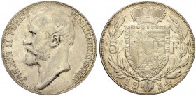 LIECHTENSTEIN. Johann II. 1858-1929. 5 Franken 1924. 24.96 g. Divo 104. HMZ 2-1379a. Fast FDC / About uncirculated. (~€ 220/USD 255)