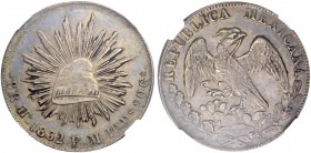 MEXIKO. Erste Republik, 1823-1864. 8 Reales 1862, HO-FM Hermosillo. KM 377. DP-Ho02 ("Very Rare"). Sehr selten / Very rare. NGC AU53. (~€ 875/USD 1010...