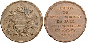 SCHWEDEN. Friedrich I. 1720-1751. Kupfermedaille 1744. Auf Baronin Eva von Sack, geb. Gräfin von Bielke. Stempel von J. C. Hedlinger. Familienwappen v...