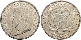 SÜDAFRIKA. Zuid Afrikaansche Republiek, 1852-1902. 5 Shillings 1892. Zwei Deichseln an dem Wagen / Double shaft variety. 28.22 g. KM 8.2. Dav. 60. Kle...