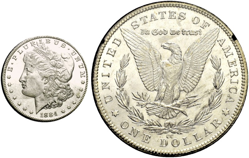 USA. 1 Dollar 1884 CC, Carson City. Morgan type. In Originalschachtel / In origi...