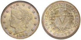 USA. 5 Cents 1892, Philadelphia. Liberty Head type. KM 112. Feine Patina / Nice toning. ANACS PF61. FDC / Uncirculated. (~€ 45/USD 50)
