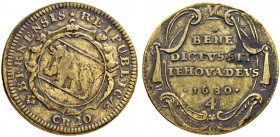 SCHWEIZ. Bern. Geldersatzmarken. Geldersatzmarke 1680. Messing. Die Vorderseite stammt von einem 20-Kreuzer-Stempel und die Rückseite von einem unbeka...
