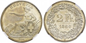 SCHWEIZ. Eidgenossenschaft. 2 Franken 1860 B, Bern. Divo 28. HMZ 2-1201c. NGC MS64. (~€ 265/USD 305)