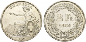 SCHWEIZ. Eidgenossenschaft. 2 Franken 1860 B, Bern. 9.96 g. Divo 28. HMZ 2-1201c. Vorzüglich / Extremely fine. (~€ 175/USD 200)