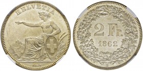 SCHWEIZ. Eidgenossenschaft. 2 Franken 1862 B, Bern. Divo 31. HMZ 2-1201d. NGC MS63. (~€ 265/USD 305)