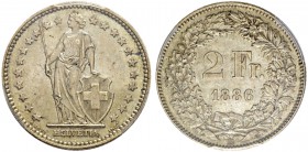 SCHWEIZ. Eidgenossenschaft. 2 Franken 1886 B, Bern. Divo 99. HMZ 2-1202e. PCGS MS63. (~€ 350/USD 405)