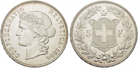 SCHWEIZ. Eidgenossenschaft. 5 Franken 1894 B, Bern. 24.92 g. Divo 135. HMZ 2-1198f. Sehr selten / Very rare. Vorzüglich-FDC / Extremely fine-uncircula...