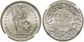 SCHWEIZ. Eidgenossenschaft. 2 Franken 1909 B, Bern. Divo 257. HMZ 2-1202o. Prachtexemplar / Cabinet piece. NGC MS66. (~€ 175/USD 200)