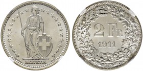 SCHWEIZ. Eidgenossenschaft. 2 Franken 1911 B, Bern. Divo 274. HMZ 2-1202q. Prachtexemplar / Cabinet piece. NGC MS66. (~€ 110/USD 125)