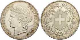 SCHWEIZ. Eidgenossenschaft. 5 Franken 1912 B, Bern. 25.00 g. Divo 282. HMZ 2-1198n. Sehr selten / Very rare. Kleine Kratzer. Leicht gereinigt / Small ...