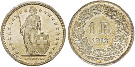 SCHWEIZ. Eidgenossenschaft. 1 Franken 1912 B, Bern. Divo 284. HMZ 2-1204v. Prachtexemplar / Cabinet piece. PCGS MS66. (~€ 110/USD 125)