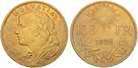 SCHWEIZ. Eidgenossenschaft. 100 Franken 1925 B, Bern. 32.27 g. Divo 359. HMZ 2-1193a. Fr. 502. Herrliche Gold-Patina / Beautiful gold-patina. Fast FDC...