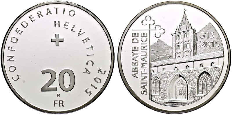 SCHWEIZ. Gedenkmünzen. 20 Franken 2015 B, Bern. Abtei Saint-Maurice. 20.00 g. In...