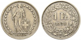SCHWEIZ. Proben. 1 Franken 1938 B, Bern. Probe in Kupfer-Nickel. 4.49 g. Richter (Proben) 2-166. Äusserst selten / Extremely rare. Sehr schön-vorzügli...