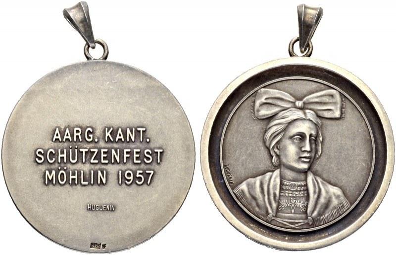 SCHWEIZ. Schützentaler und Schützenmedaillen. Aargau. Silbermedaille 1957. Möhli...
