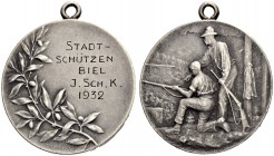 SCHWEIZ. Schützentaler und Schützenmedaillen. Bern. Versilberte Bronzemedaille 1932. Biel. Stadtschützen. Jungschützenkurs. 11.18 g. Richter (Schützen...