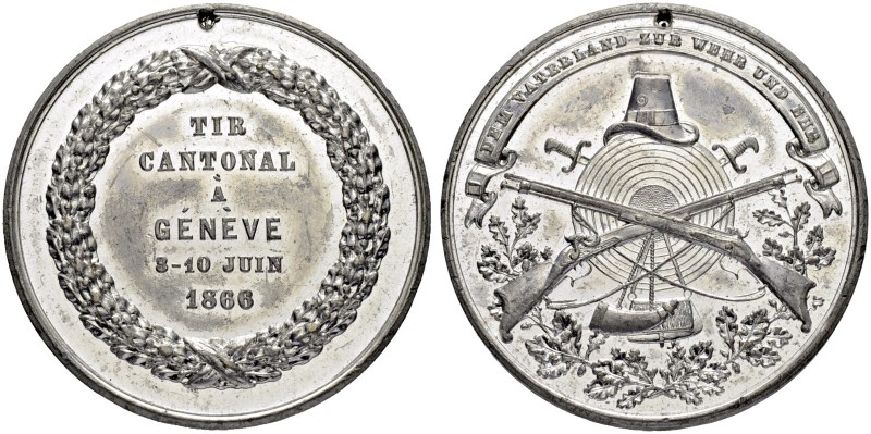 SCHWEIZ. Schützentaler und Schützenmedaillen. Genf / Genève. Zinnmedaille 1866. ...