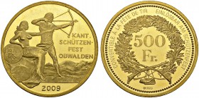 SCHWEIZ. Schützentaler und Schützenmedaillen. Obwalden. 500 Franken 2009. Obwalden. Kantonalschützenfest. 15.65 g. Häberling 82a. Sehr selten. Nur 175...
