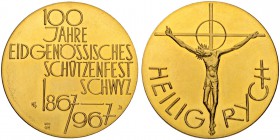 SCHWEIZ. Schützentaler und Schützenmedaillen. Schwyz. Goldmedaille 1967. Schwyz. 100 Jahre Eidgenössisches Schützenfest. 26.78 g. Richter (Schützenmed...