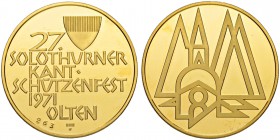 SCHWEIZ. Schützentaler und Schützenmedaillen. Solothurn. Goldmedaille 1971. Olten. 27. Solothurner Kantonalschützenfest. 26.06 g. Richter (Schützenmed...