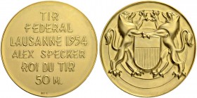 SCHWEIZ. Schützentaler und Schützenmedaillen. Waadt / Vaud. Goldmedaille 1954. Lausanne. Tir fédéral. Roi du tir 50 M. 55.59 g. Richter (Schützenmedai...