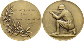 SCHWEIZ. Schützentaler und Schützenmedaillen. Zürich. Bronzemedaille 1922. Zürich. Schützenverein. Jahreskonkurrenz. 57.60 g. Richter (Schützenmedaill...