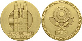 SCHWEIZ. Schützentaler und Schützenmedaillen. Zürich. Vergoldete Bronzemedaille 1954. Zürich. Firmenschiessen. 60.26 g. Richter (Schützenmedaillen) 19...