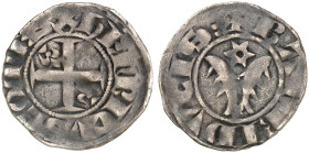 BAR. Henri II., 1214-1239 
Denier Parisis.
DS (Bar) Tf. I/4, Flon 349/3 dunkle Patina, f. ss