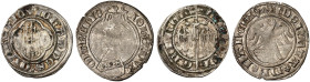 LOTHRINGEN. Jean I., 1346-1390 
Lot von 2 Stück: Quart de Gros. Alerionbinde in Vierpaß / Schwert zwischen zwei Alerions bzw. Helm auf Wappen, darübe...