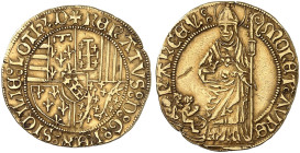 LOTHRINGEN. René II., 1473-1508 
Florin d'or o. J. Wappen / St. Nikolaus.
Friedb. 139, DS 12/5 corr., Flon 563/24-25 var. Gold, RR ! kl. Kr., ss

...
